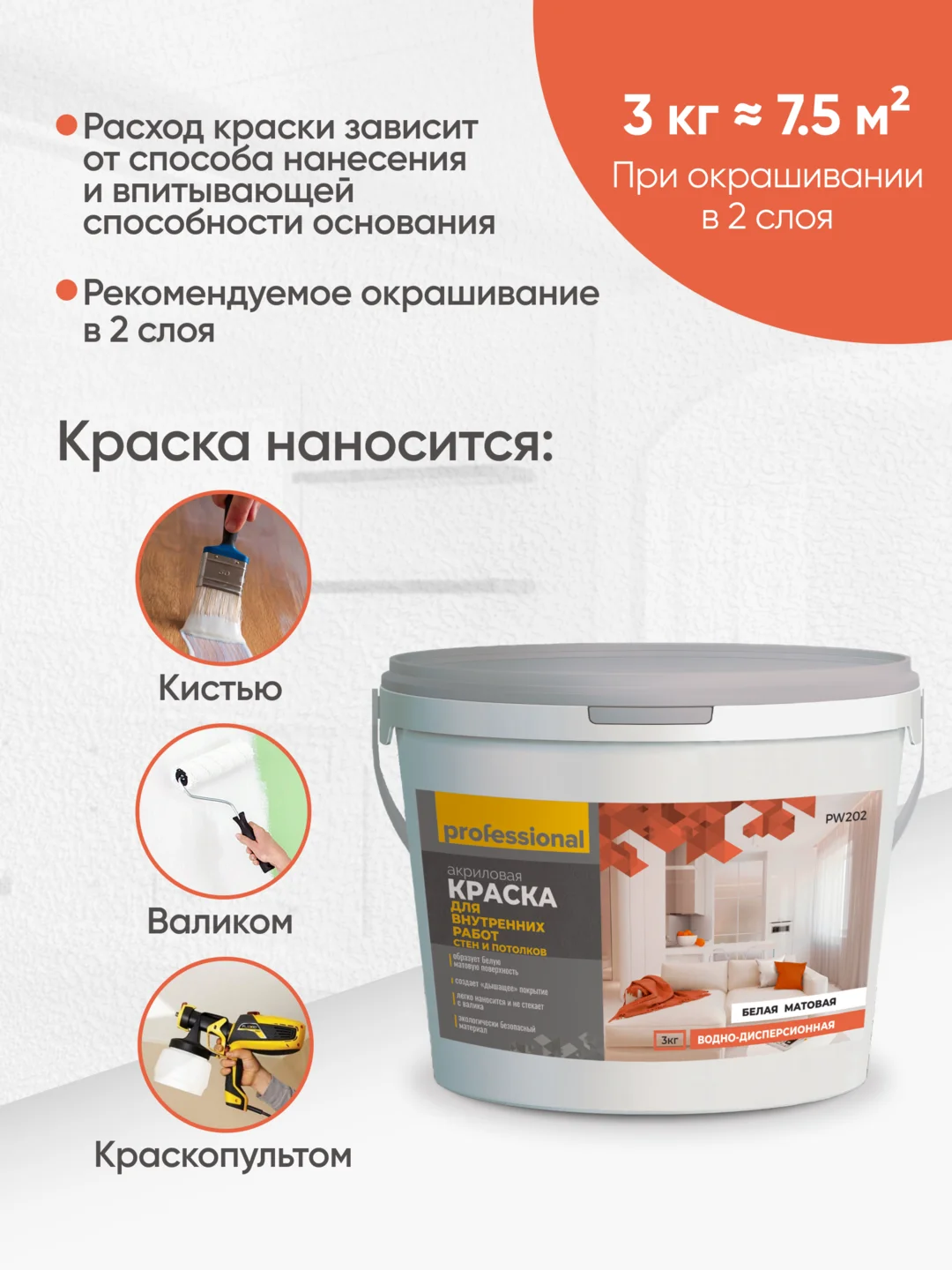 Акриловая краска белая для стен и потолков матовая без запаха ТМ Professional