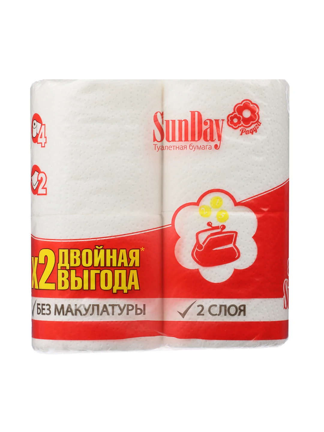Туалетная бумага SunDay 2-х слойная белая, 4 штуки
