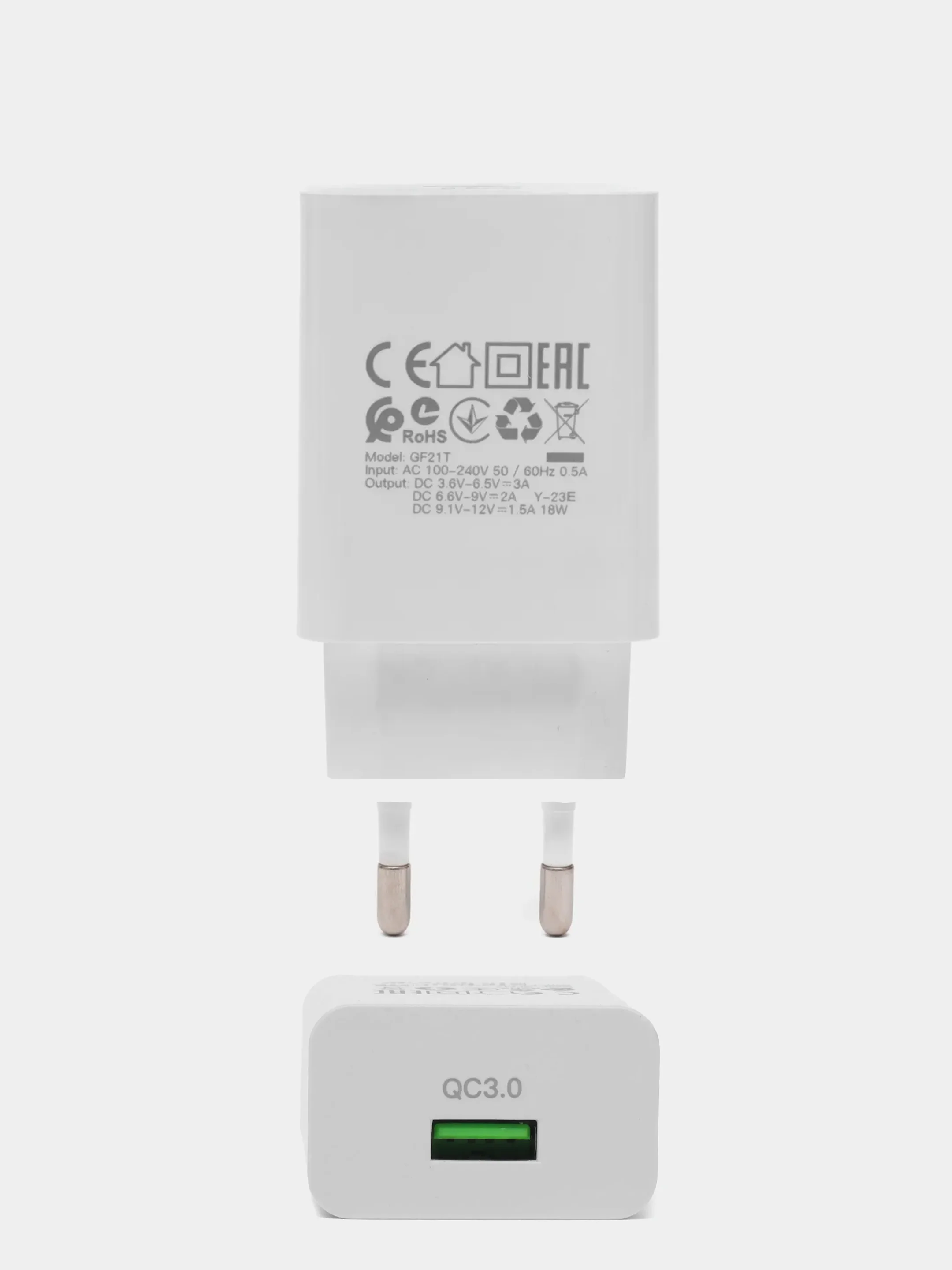 Белый сетевое зарядное устройство GFPower GF21T + кабель Type-C, USB-порт, QC3.0, 18Вт