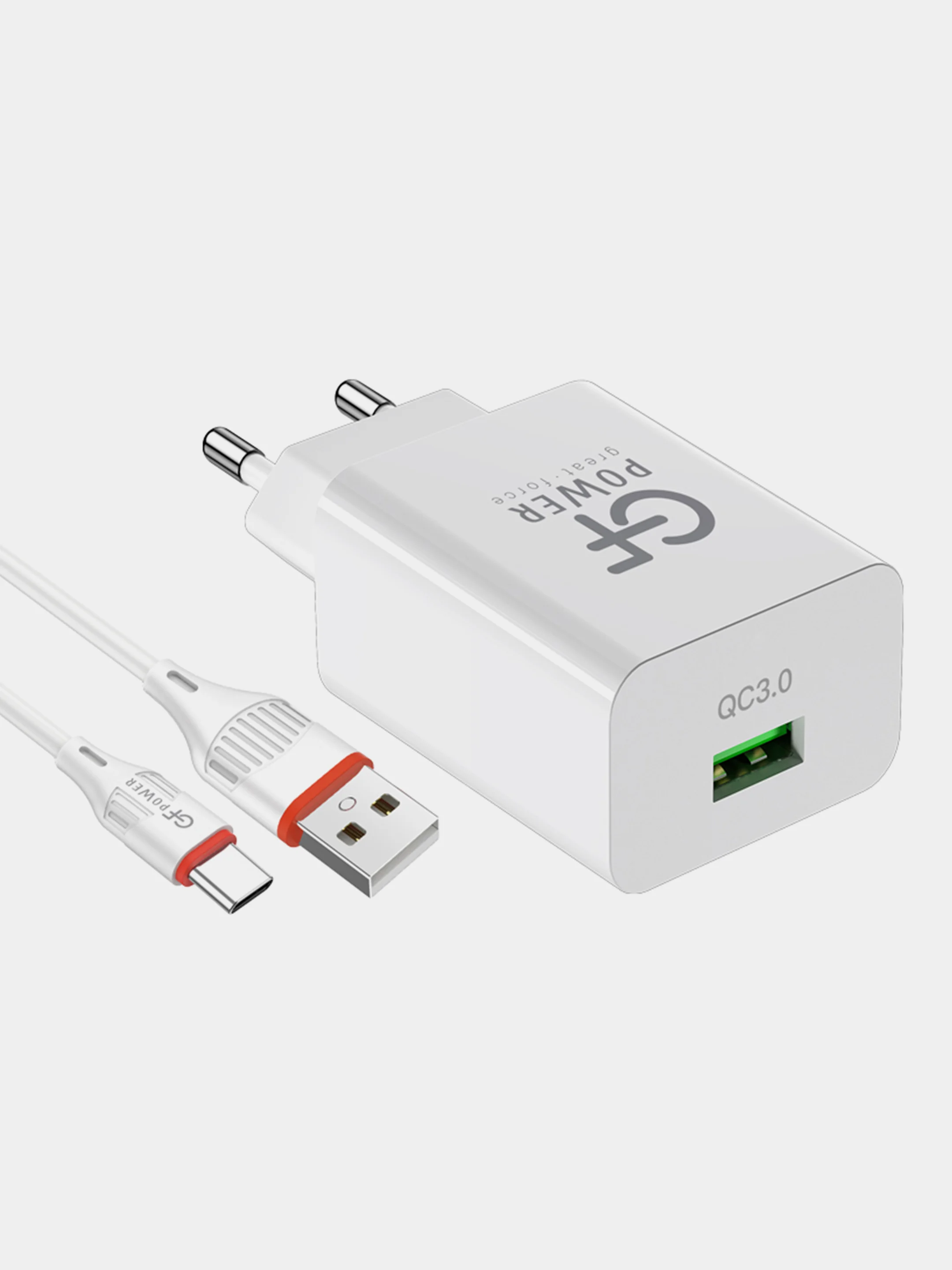 Белый сетевое зарядное устройство GFPower GF21T + кабель Type-C, USB-порт, QC3.0, 18Вт