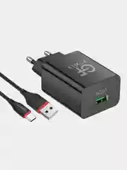 Черный сетевое зарядное устройство GFPower GF21T + кабель Type-C, USB-порт, QC3.0, 18Вт
