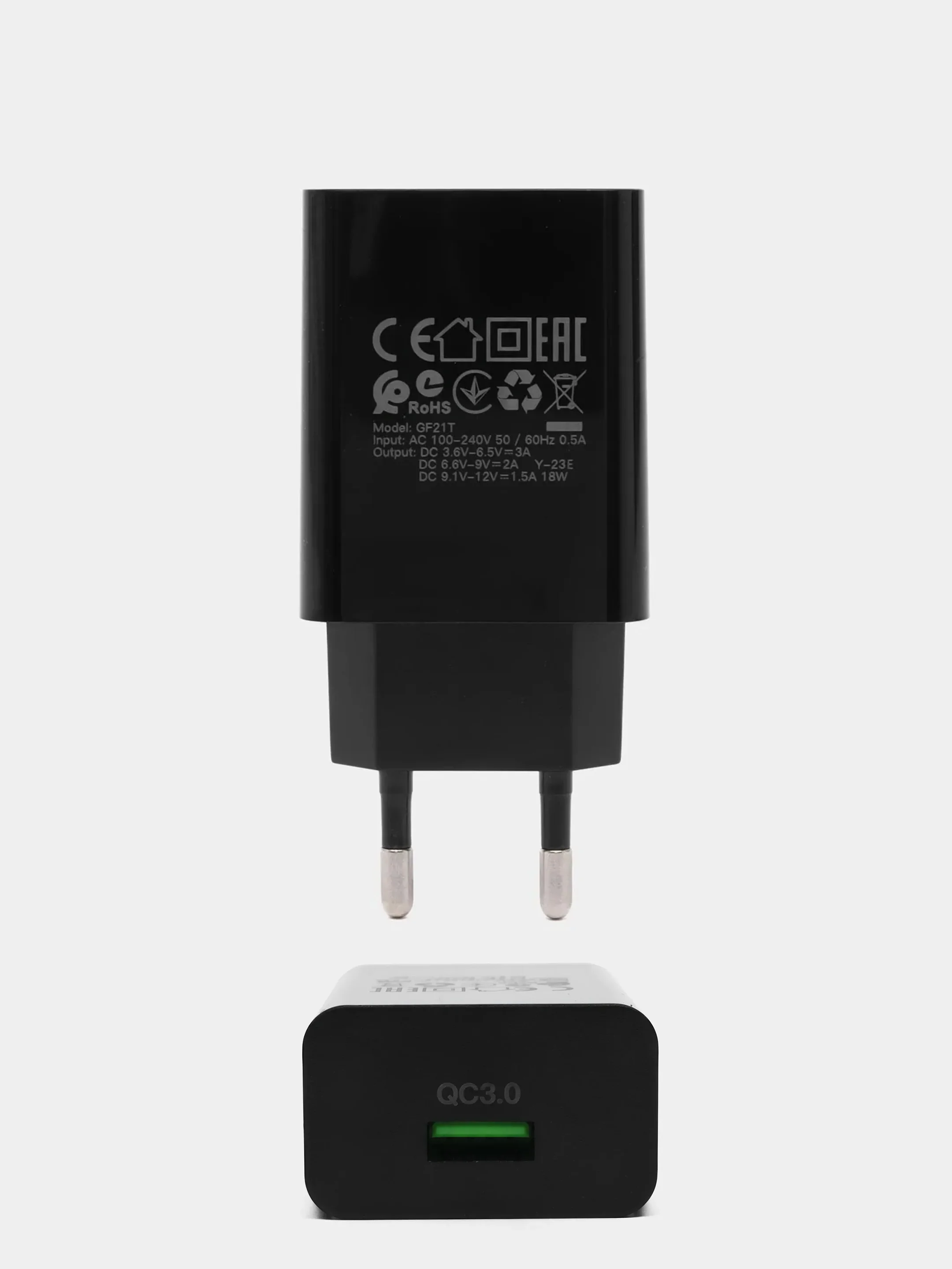 Черный сетевое зарядное устройство GFPower GF21T + кабель Type-C, USB-порт, QC3.0, 18Вт