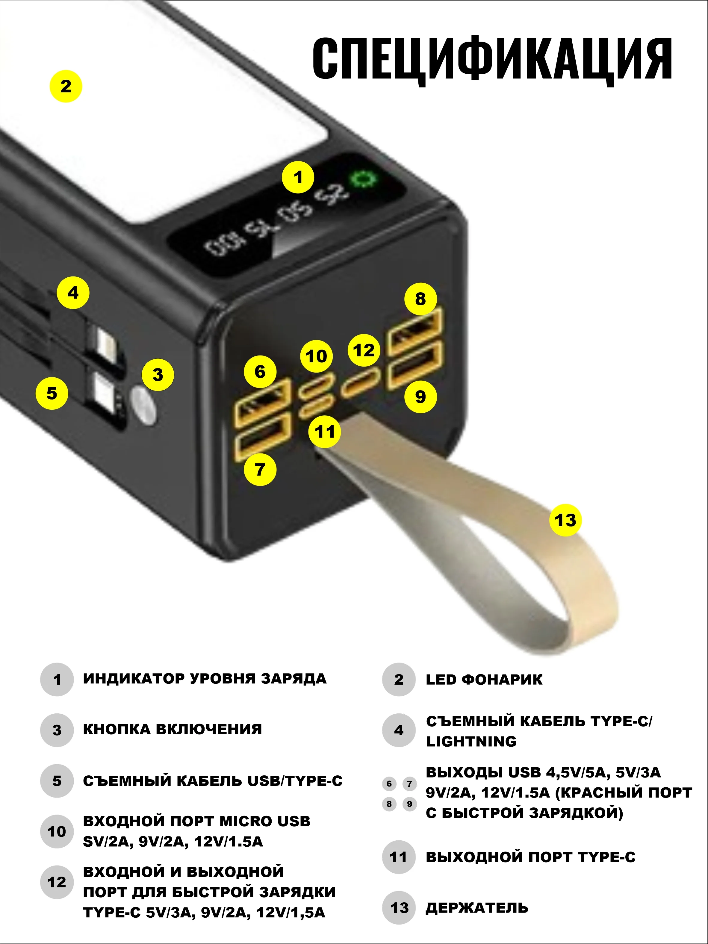 Черный внешний аккумулятор повербанк 30000 mAh для телефона
