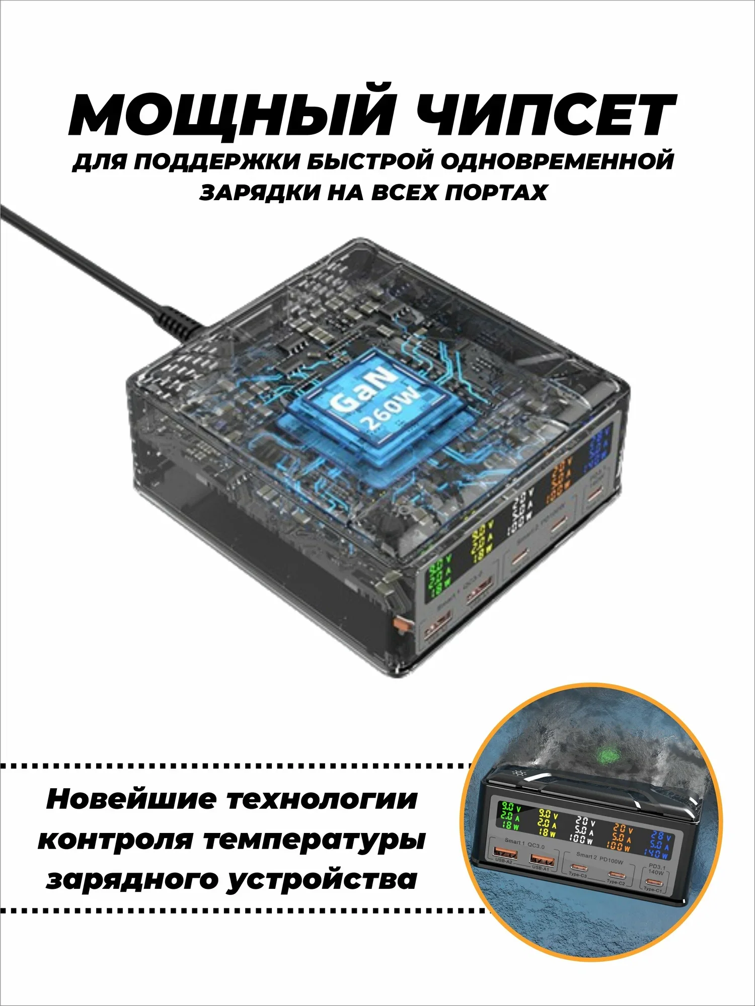 Сетевое зарядное устройство для телефона и гаджетов 260 Вт