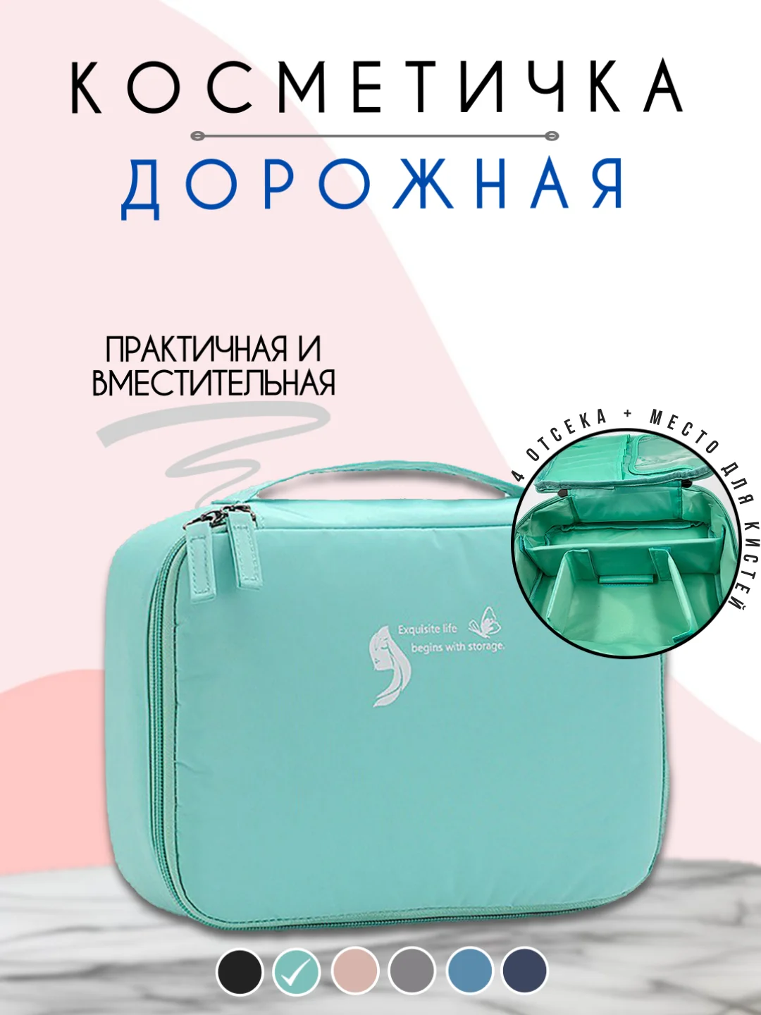 Бирюзовый косметичка дорожная женская, бьюти кейс для косметики, несессер женский