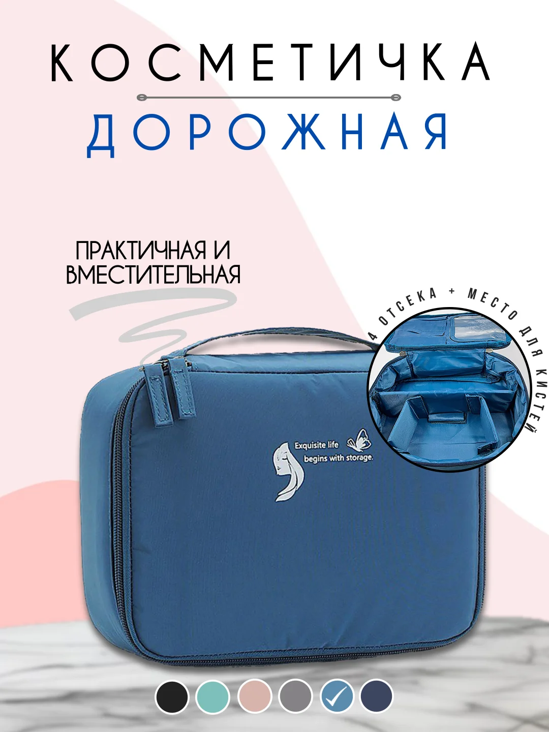 Синий косметичка дорожная женская, бьюти кейс для косметики, несессер женский
