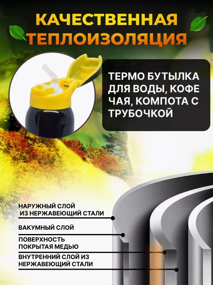 Черный термос для чая с трубочкой 350 мл