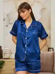 Синий пижама женская с шортами и рубашкой для сна, шелковая, атласная, домашняя одежда