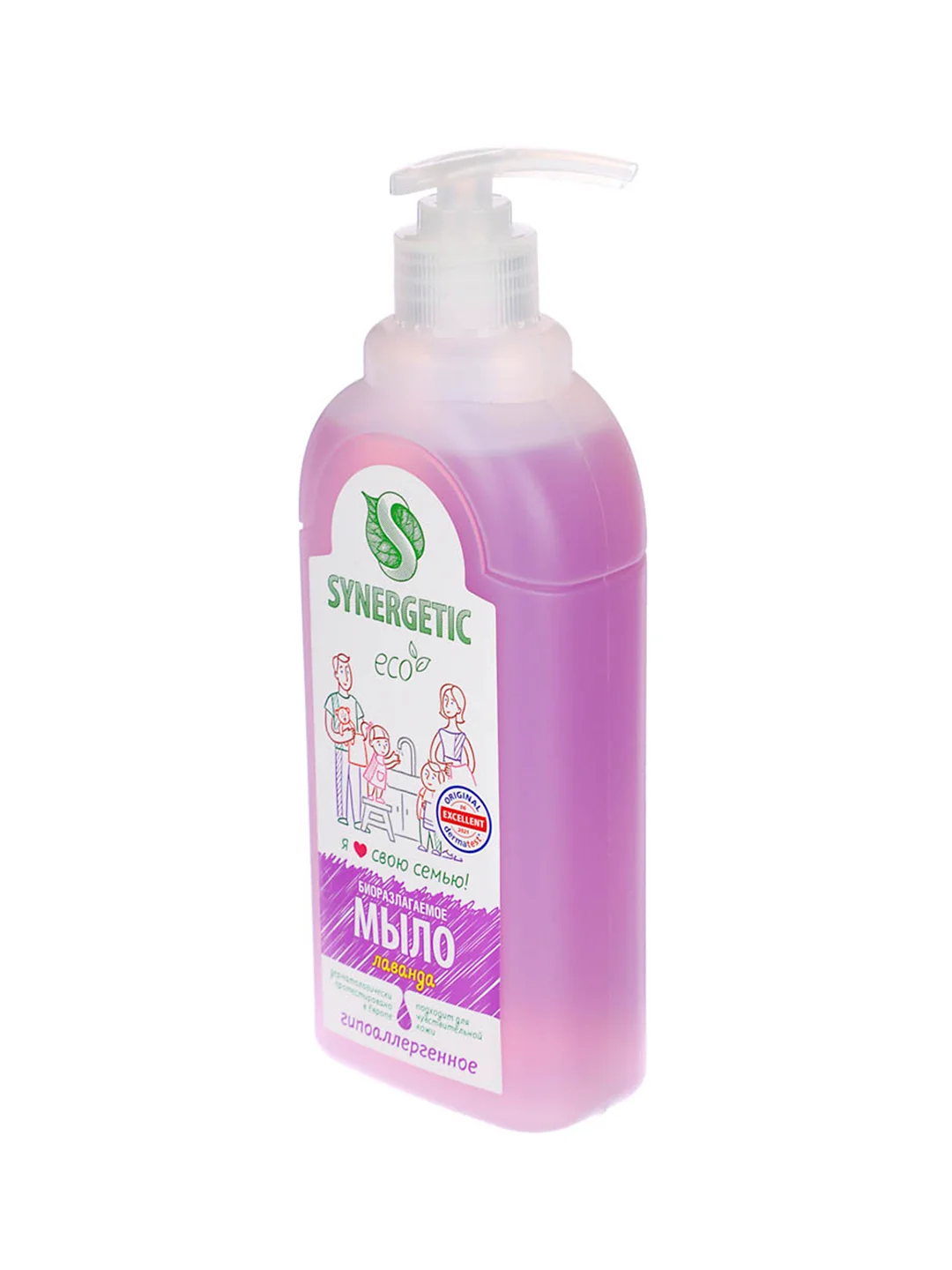 Мыло жидкое SYNERGETIC Лаванда, гипоаллергенное, увлажняющее, дозатор, 0,5 литра