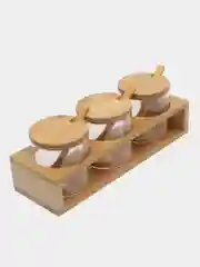 Набор стеклянных баночек с подставкой и ложкой для сыпучих продуктов из бамбука 300 мл