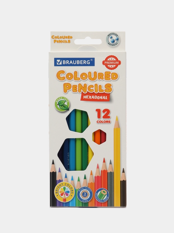 Карандаши цветные BRAUBERG PREMIUM, 12 цветов, пластиковые, шестигранные, грифель 3 мм
