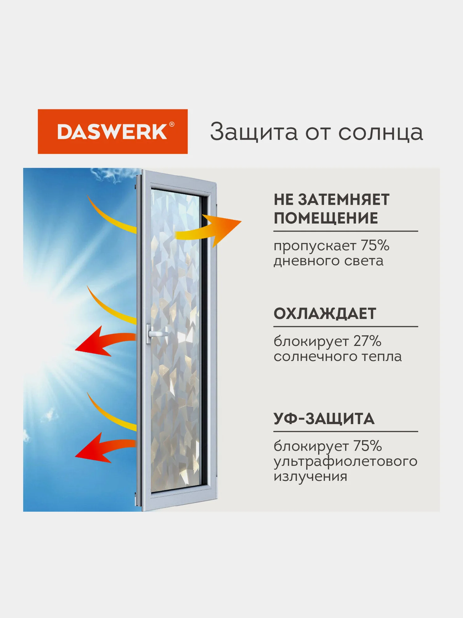 Пленка солнцезащитная для окон самоклеящаяся статическая 75х150 см Льдины, Daswerk, 608589