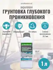 Грунтовка акриловая с антисептиком для потолков, стен, полов, 1 л, PG107 ТМ Professional