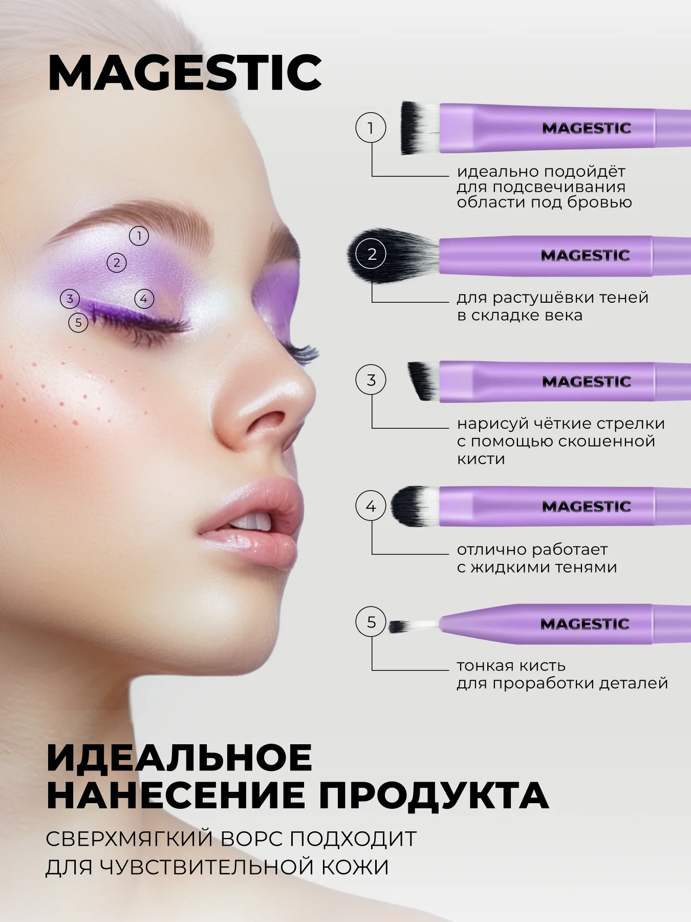 Набор кистей для макияжа глаз MAGESTIC, 5 профессиональных кистей