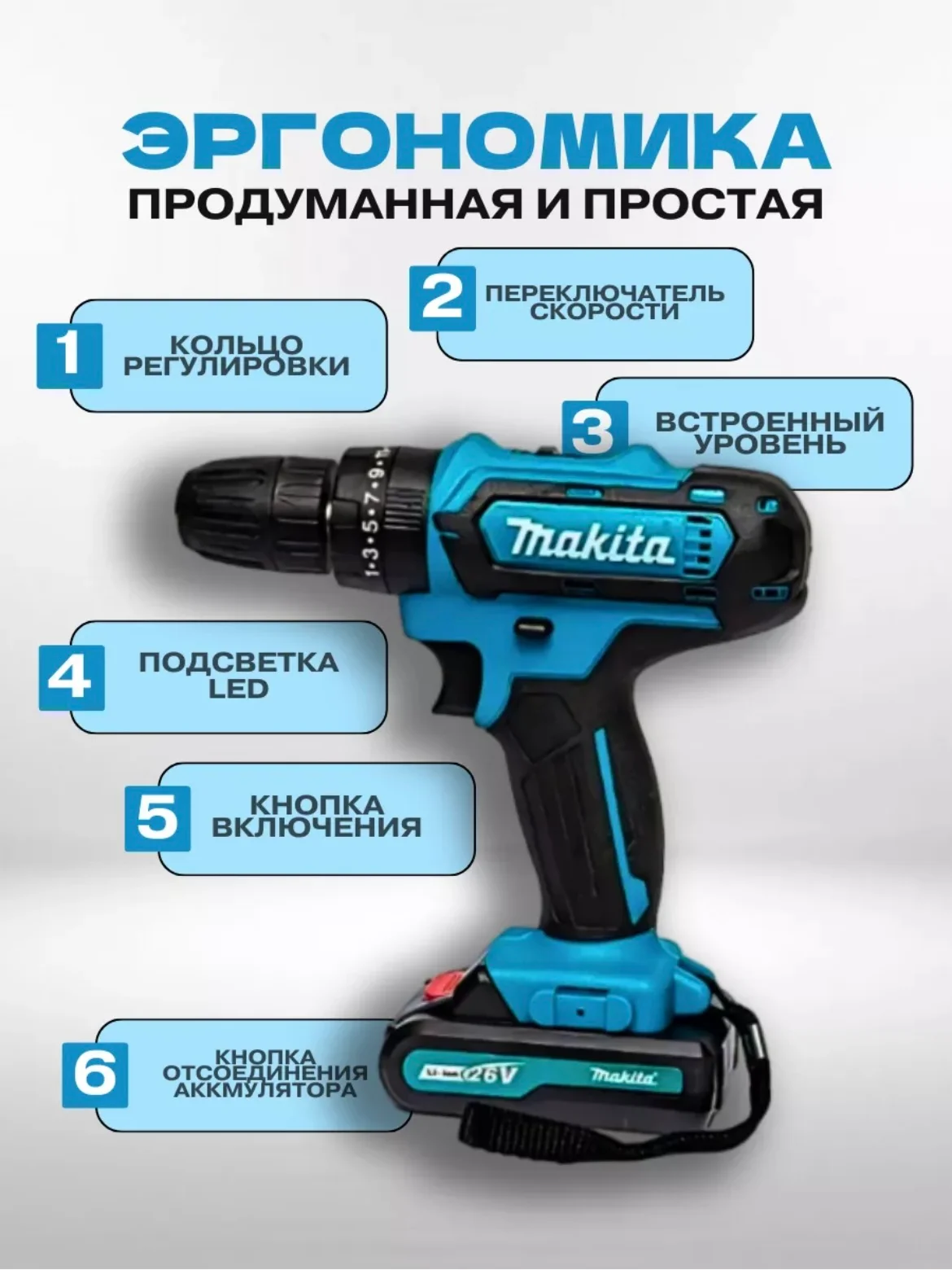 Тёмно-бирюзовый шуруповерт аккумуляторный с кейсом, 18V / 26V / 48V