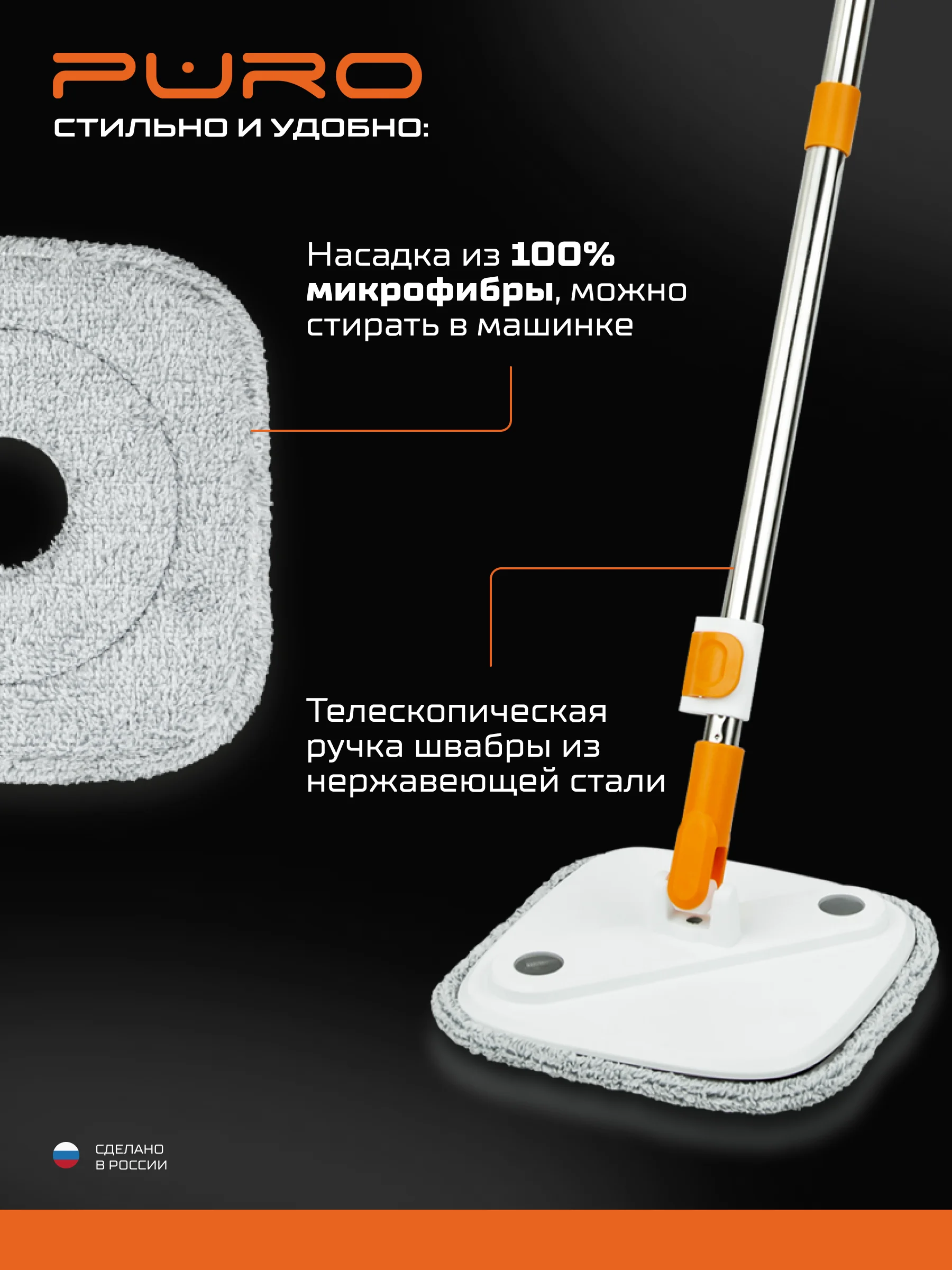 Швабра с отжимом и ведром, набор для уборки PURO PRO