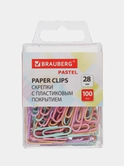 Скрепки канцелярские Brauberg Pastel, 271956, цветные 28мм, набор 100 шт для офиса и школы