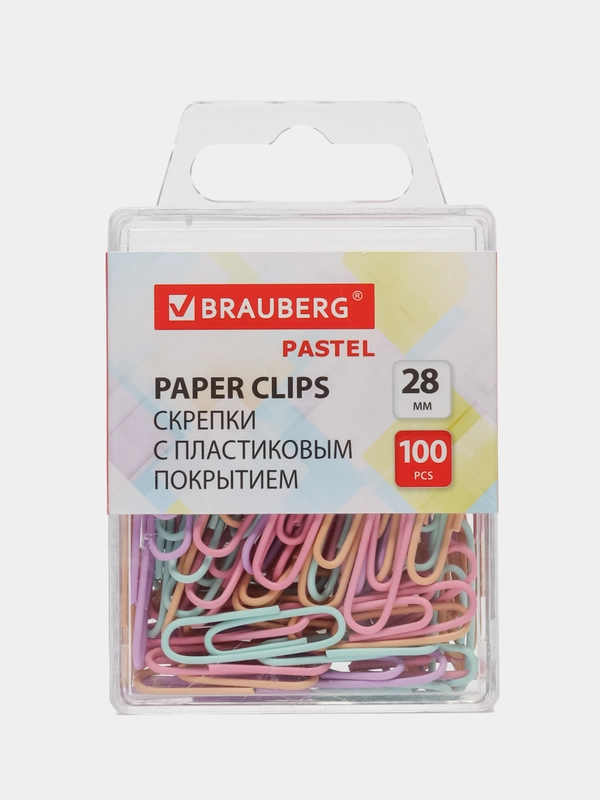 Скрепки канцелярские Brauberg Pastel, 271956, цветные 28мм, набор 100 шт для офиса и школы