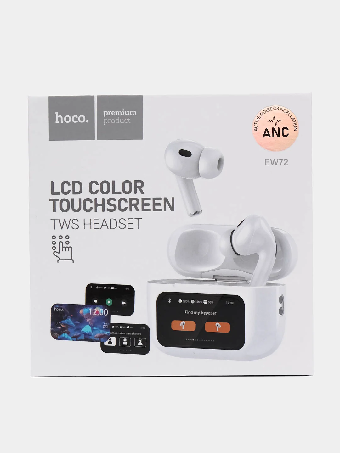 Белый наушники Bluetooth Hoco EW72 c шумоподавлением, в кейсе с сенсорным экраном