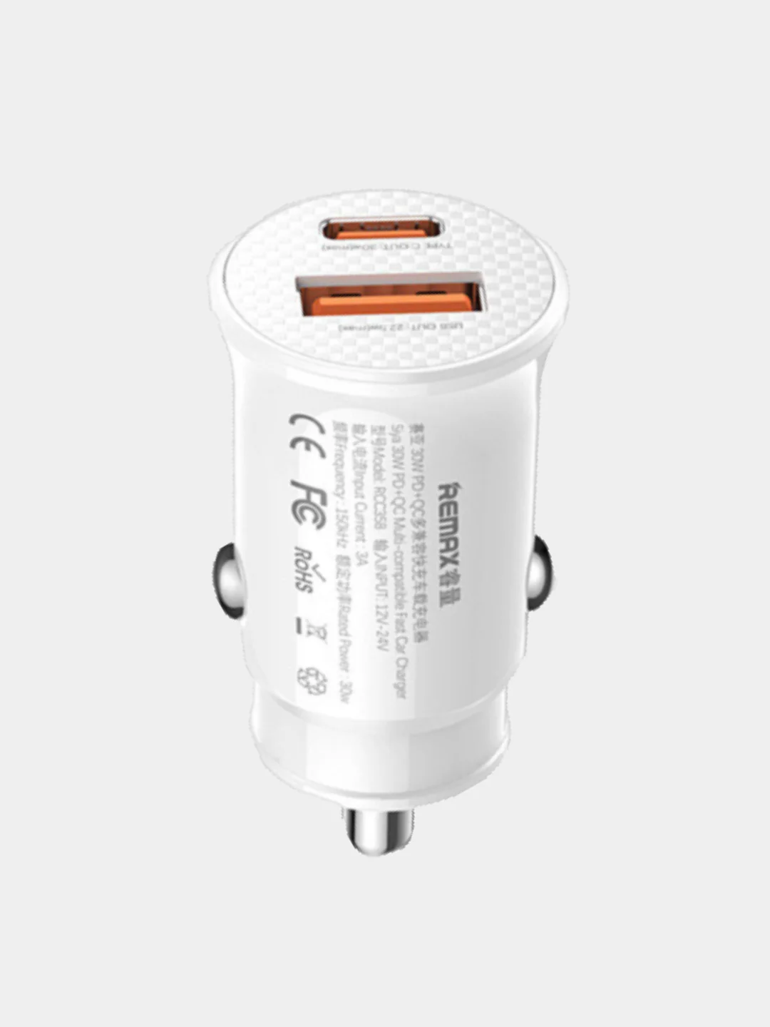 Белый автомобильное зарядное устройство в прикуриватель Type-C + USB, быстрая зарядка, 30В