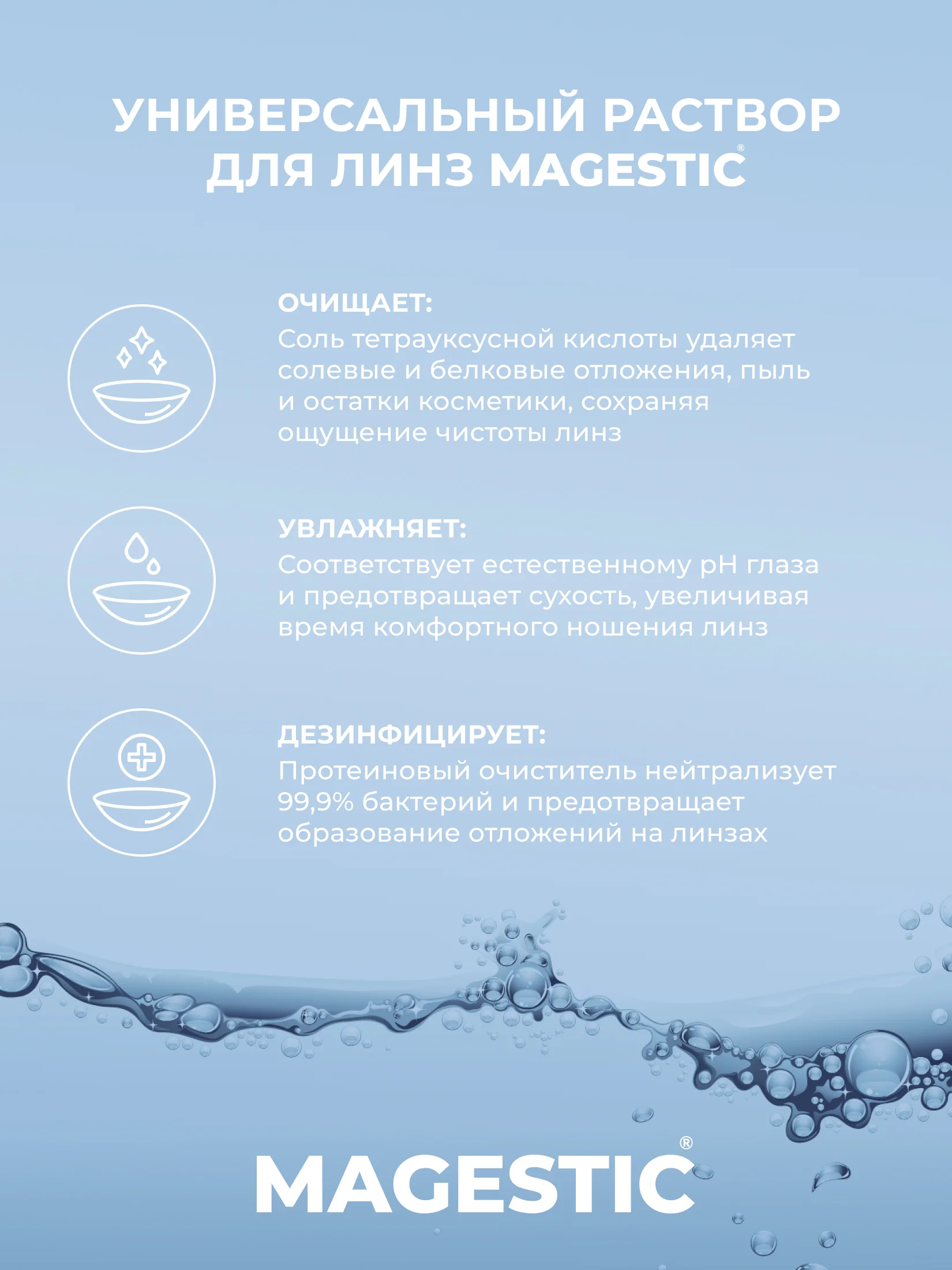 Раствор для прозрачных и цветных контактных линз Magestic, универсальный, 250 мл