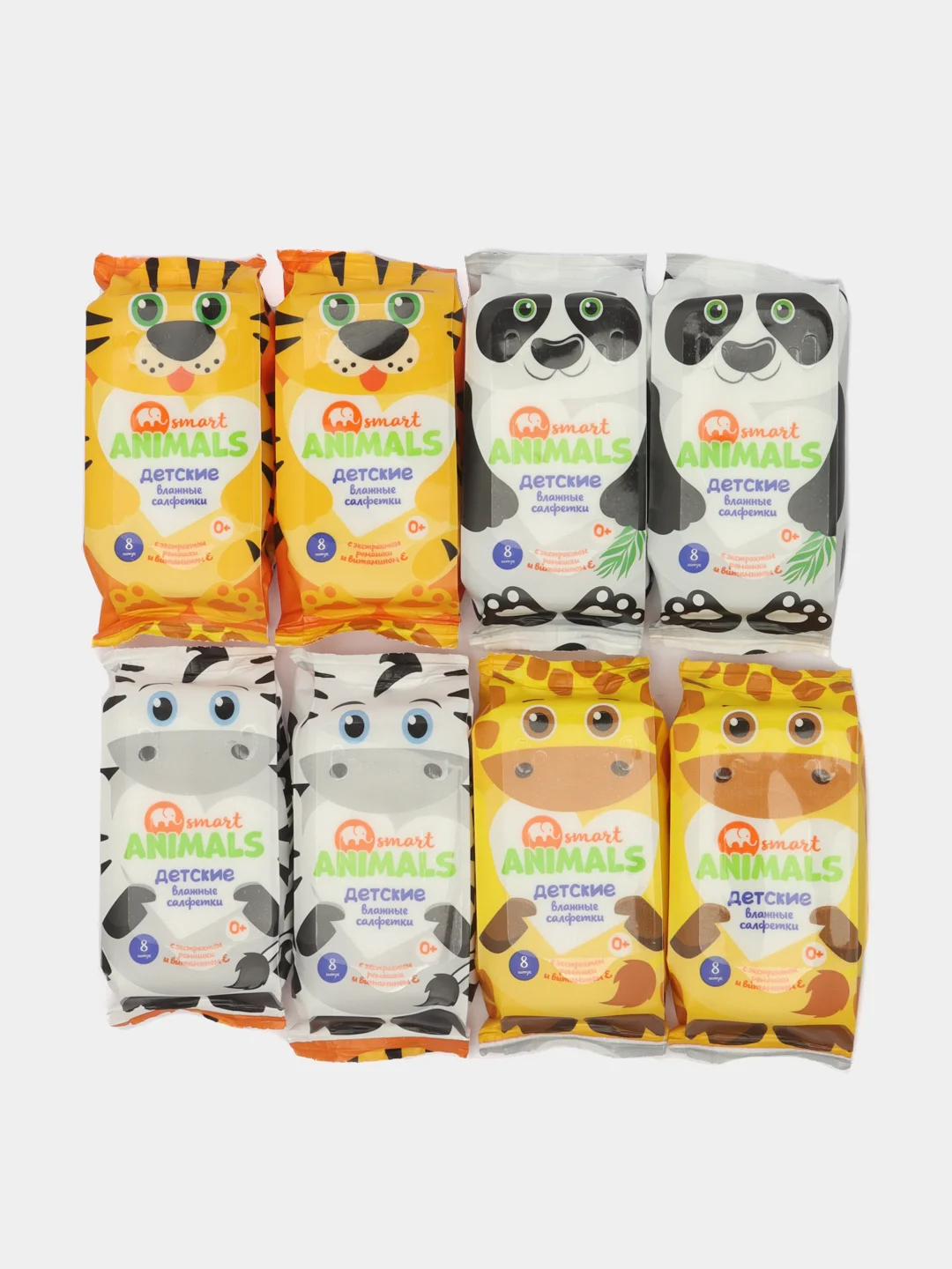 Белый салфетки влажные детские с ромашкой и витамином Е Smart animals