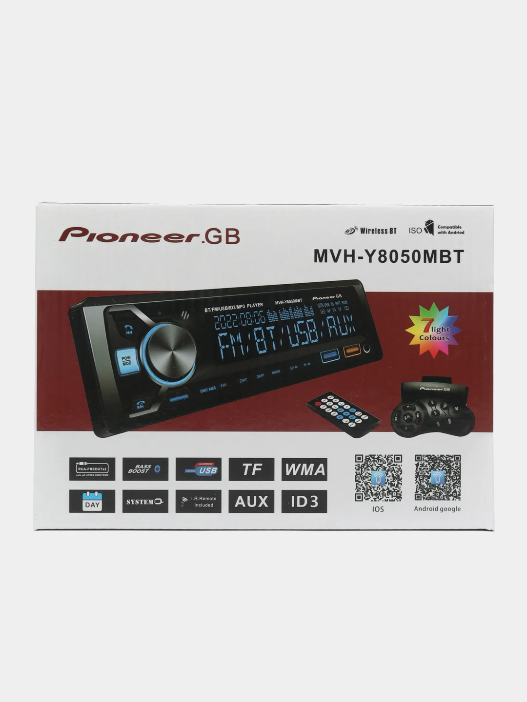 Красный автомагнитола Pioneer GB MVH, 7 цветов подсветки, 1 Din, Bluetooth, мультируль, пульт ДУ