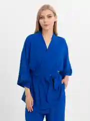 Синий костюм женский,брючный летний кимоно оверсайз