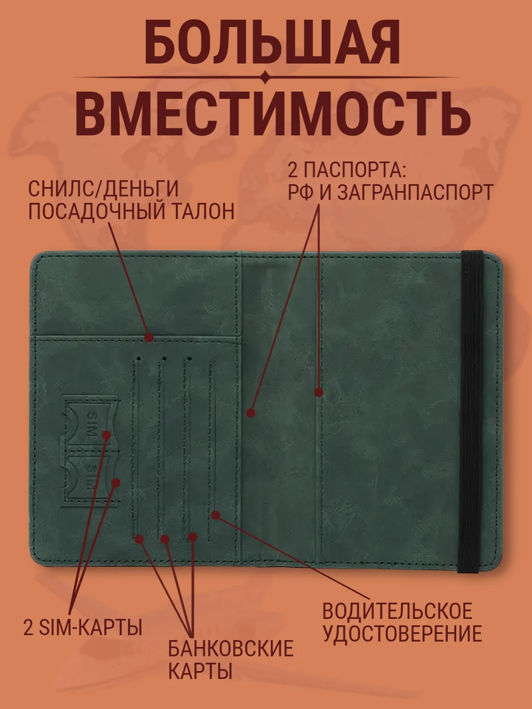 Тёмно-бордовый обложка для документов, с отделением для паспорта и карт