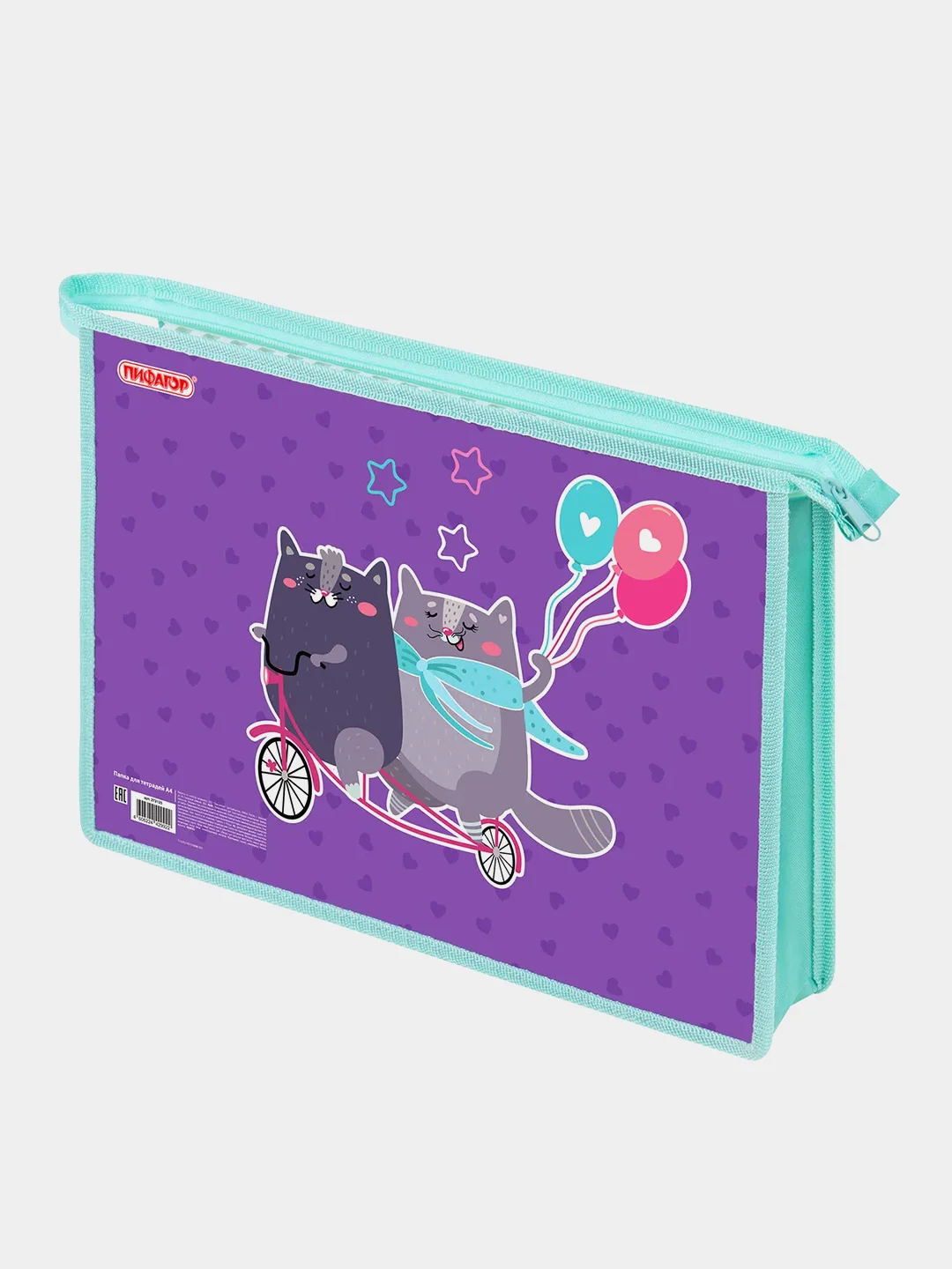 Папка для тетрадей ПИФАГОР "Bike cats", А4, 1 отделение, картон/пластик, на молнии