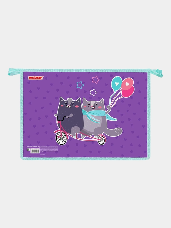 Папка для тетрадей ПИФАГОР "Bike cats", А4, 1 отделение, картон/пластик, на молнии
