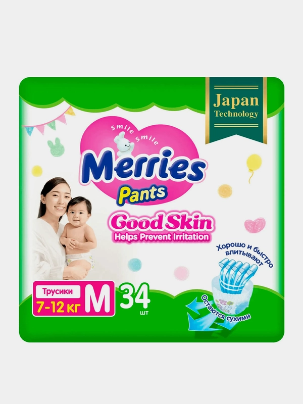 Подгузники-трусики Merries Good Skin, размер M, 7-12 кг, 34 штуки