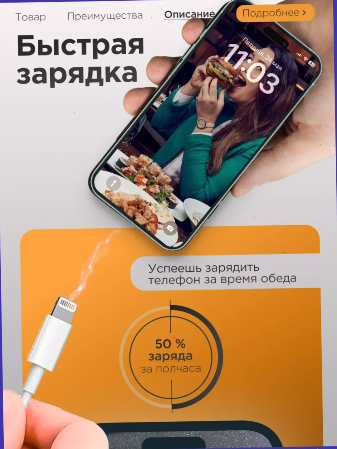 Кабель зарядный 1 м, 2 м для iPhone, Type C - Lightning, USB с поддержкой быстрой зарядки,