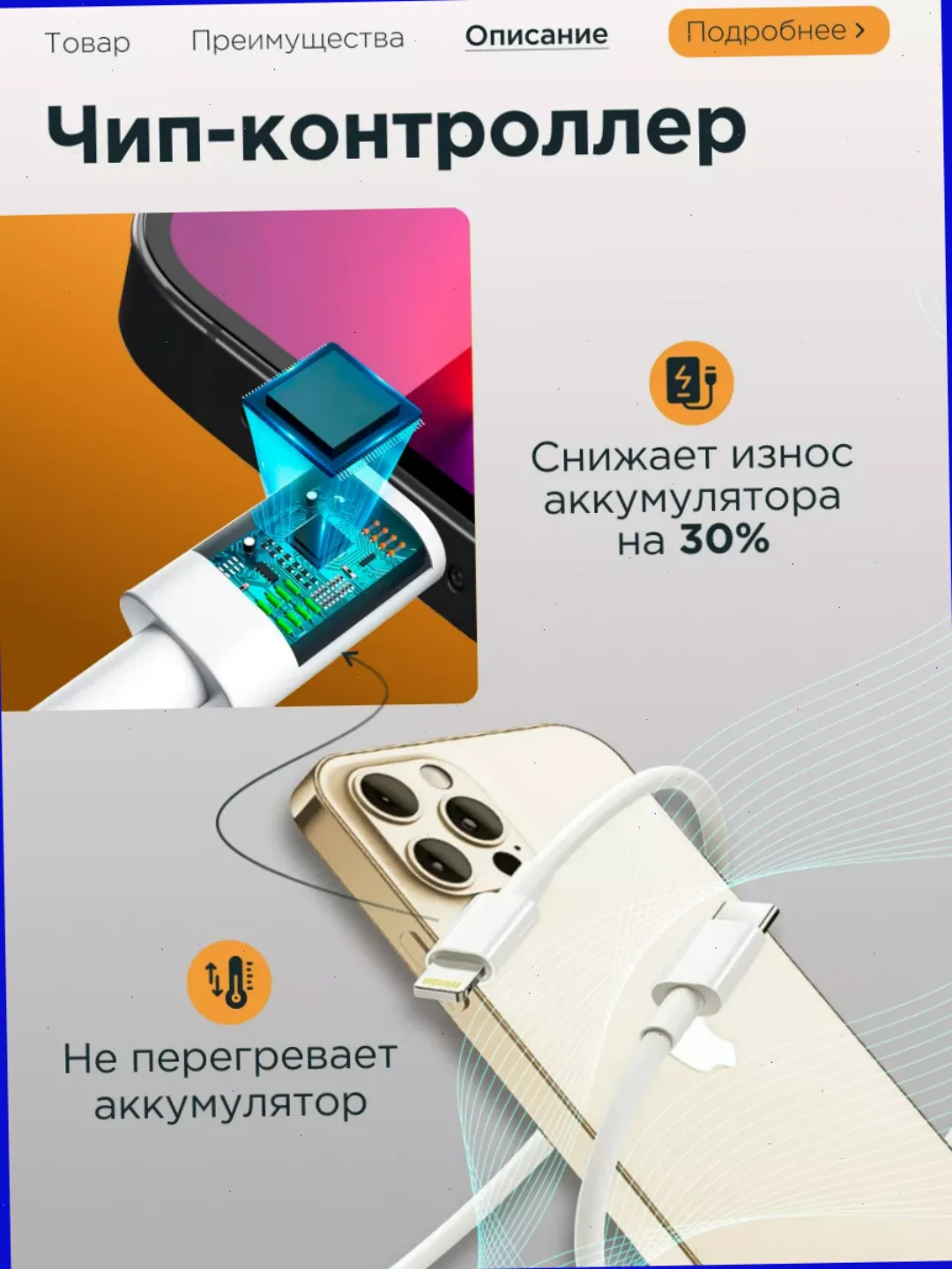 Кабель зарядный 1 м, 2 м для iPhone, Type C - Lightning, USB с поддержкой быстрой зарядки,