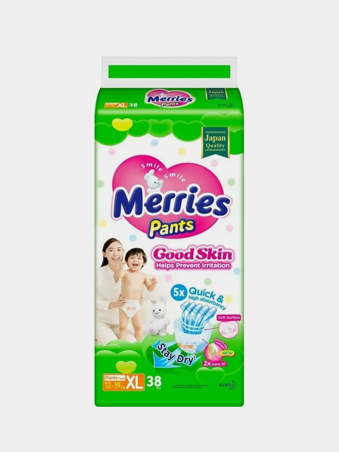 Подгузники-трусики Merries Good Skin, размер XL, 12-19 кг, 38 штук