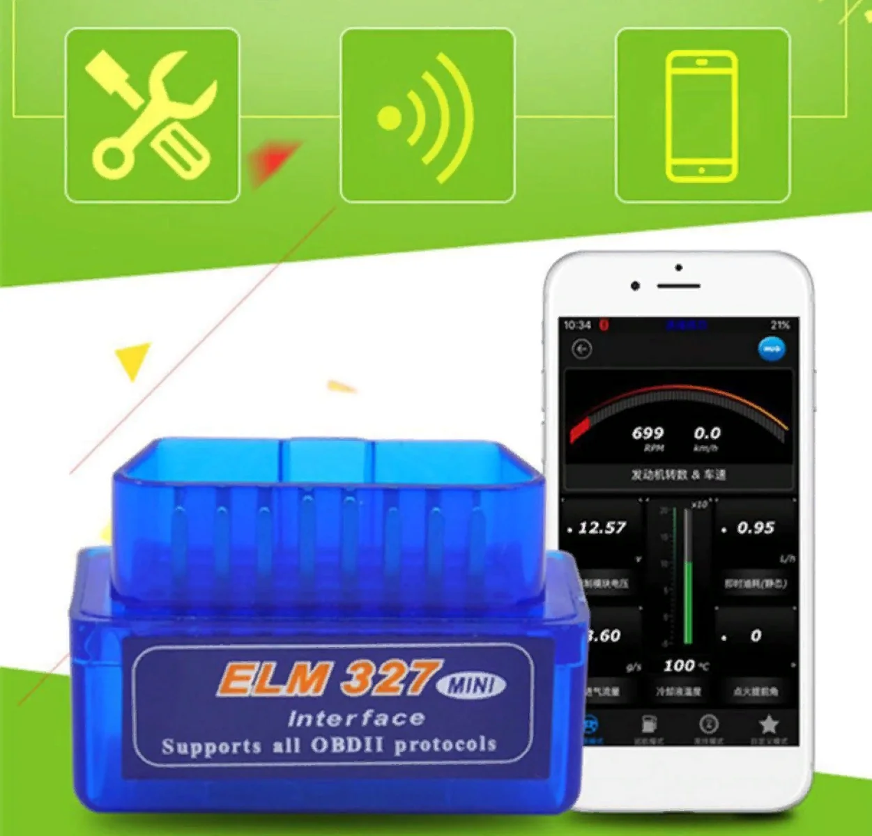 Автосканер диагностический Elm327, версия 2.1, Bluetooth, протокол авто OBD2