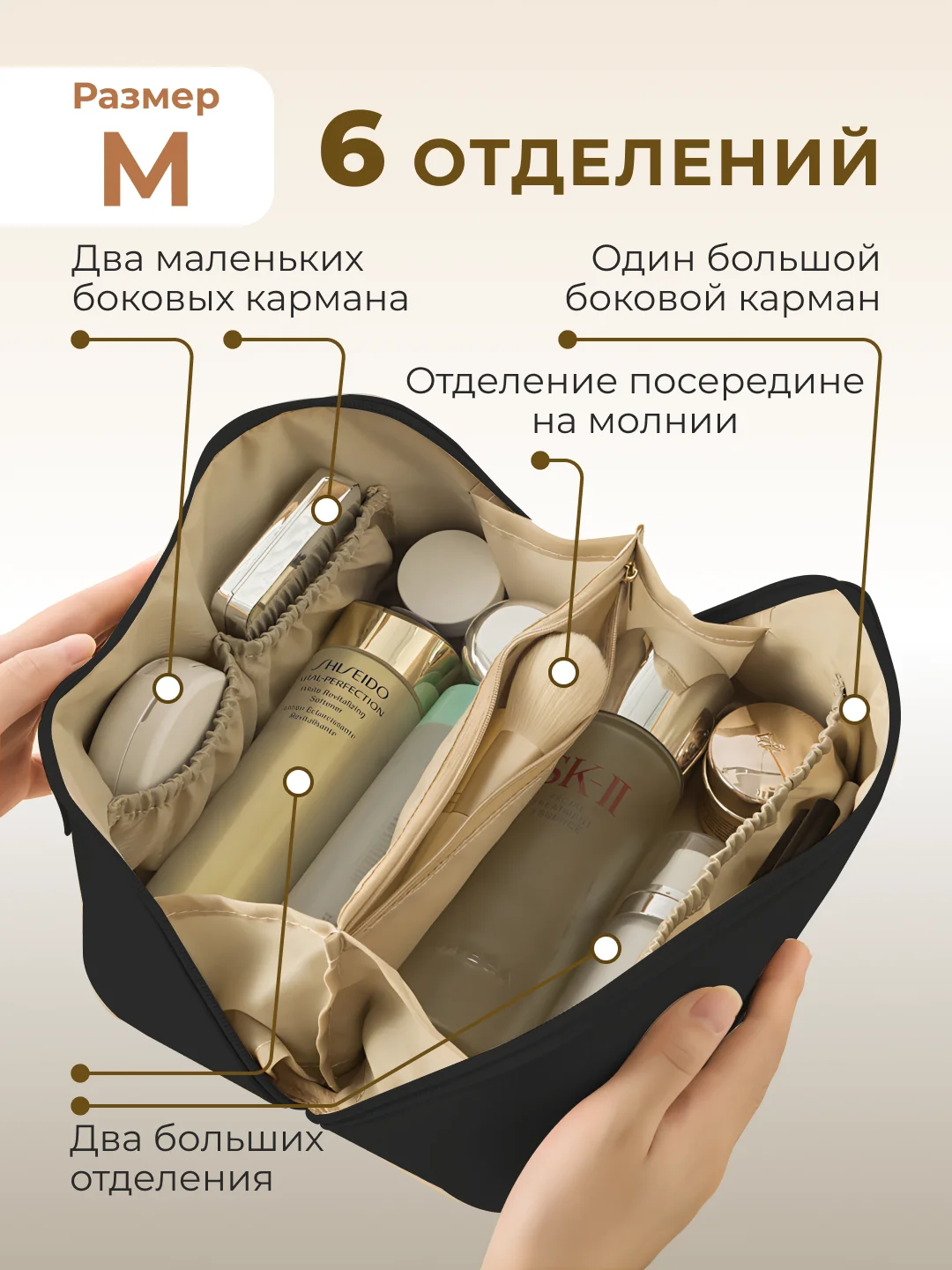 Черный косметичка женская дорожная маленькая и большая