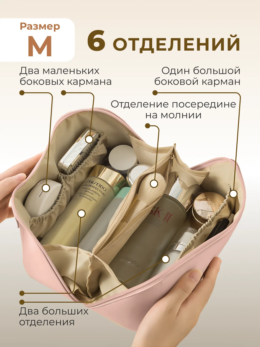 Розовый косметичка женская дорожная маленькая и большая