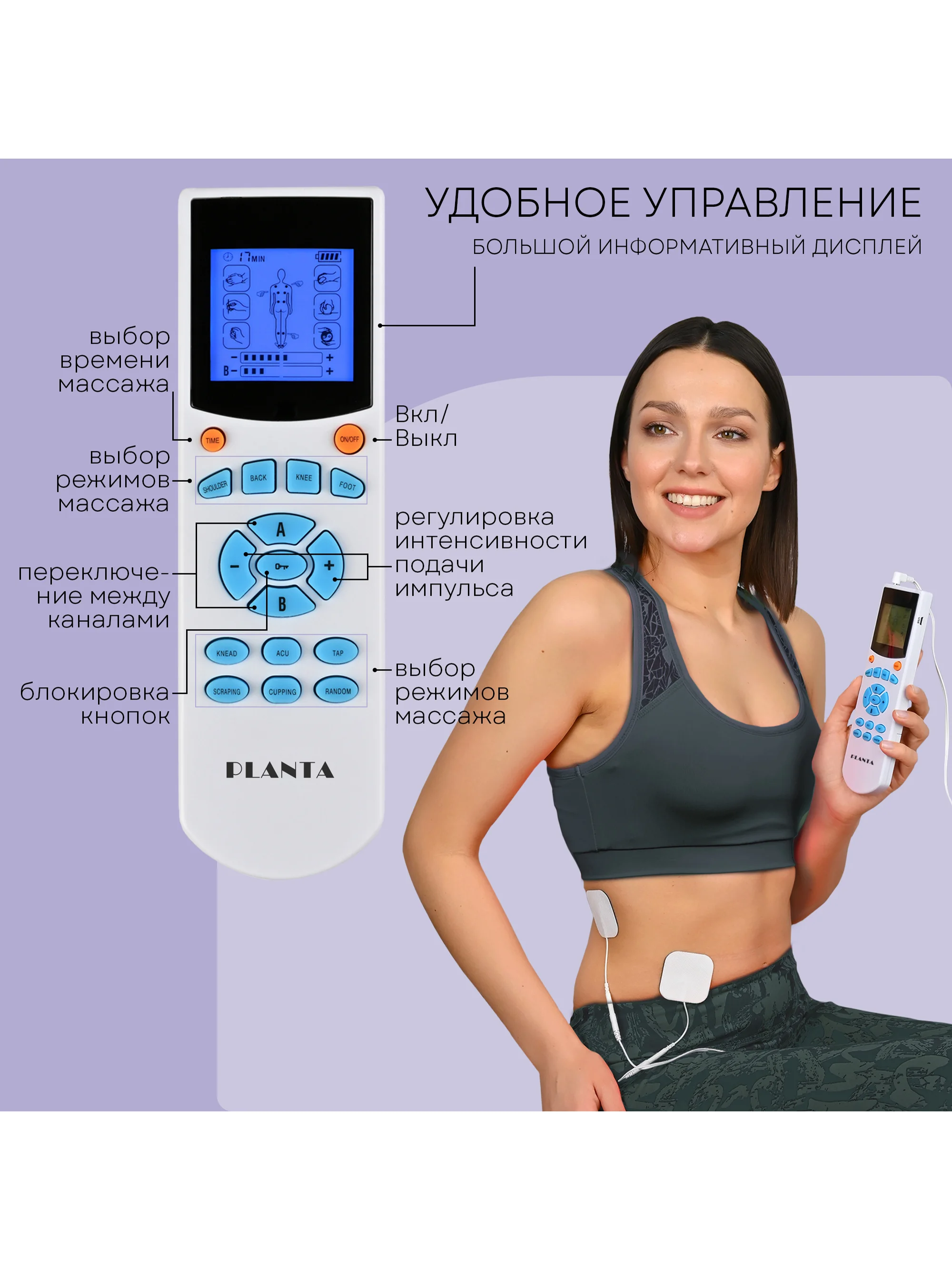 Массажер для тела миостимулятор тренажер мышц EMS+TENS EMS-200, 4 канала, 8 электродов
