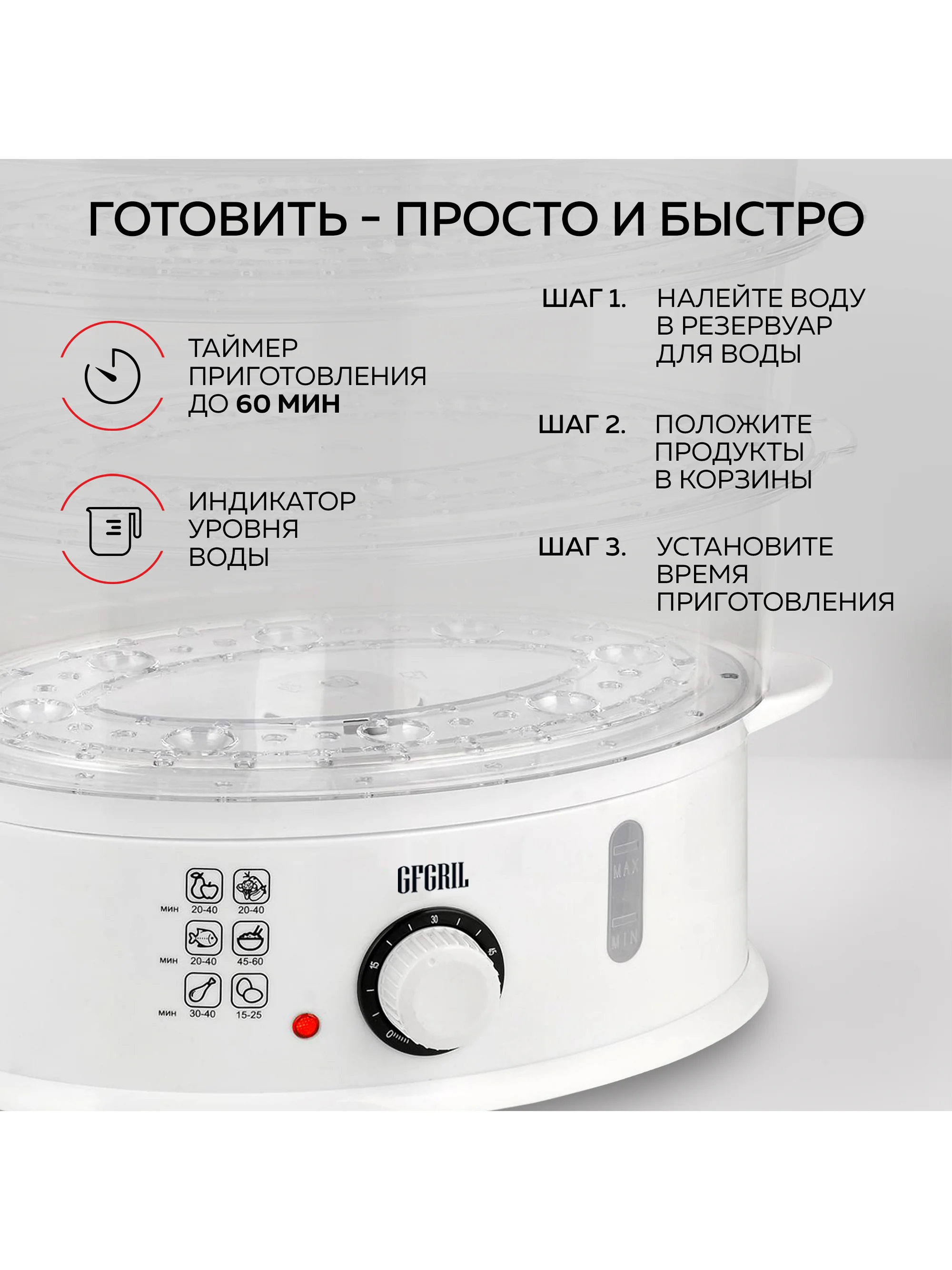 Пароварка GFS-5MPP, 9 л, чаша для риса, 3 уровня, функция долива воды