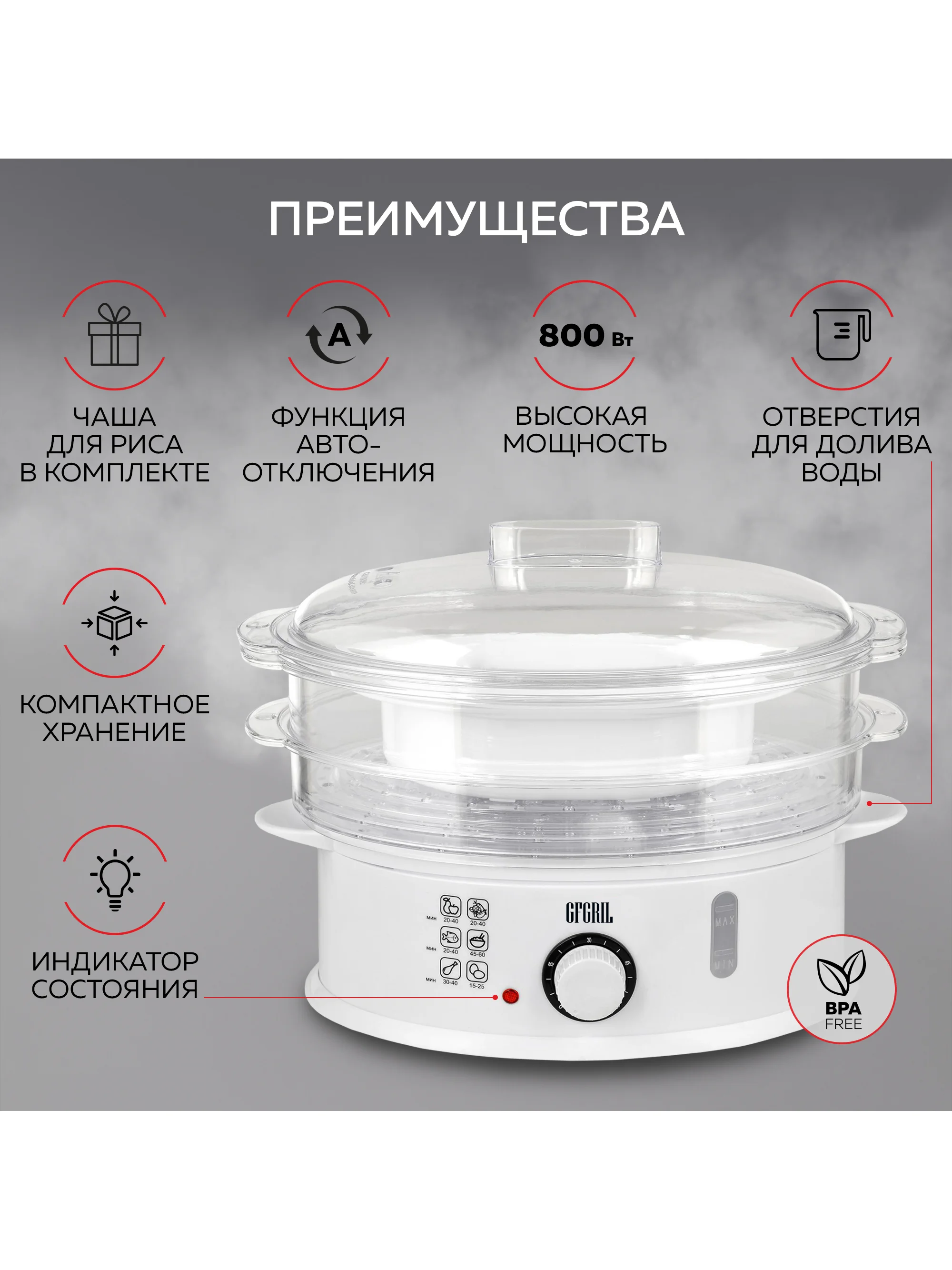 Пароварка GFS-5MPP, 9 л, чаша для риса, 3 уровня, функция долива воды