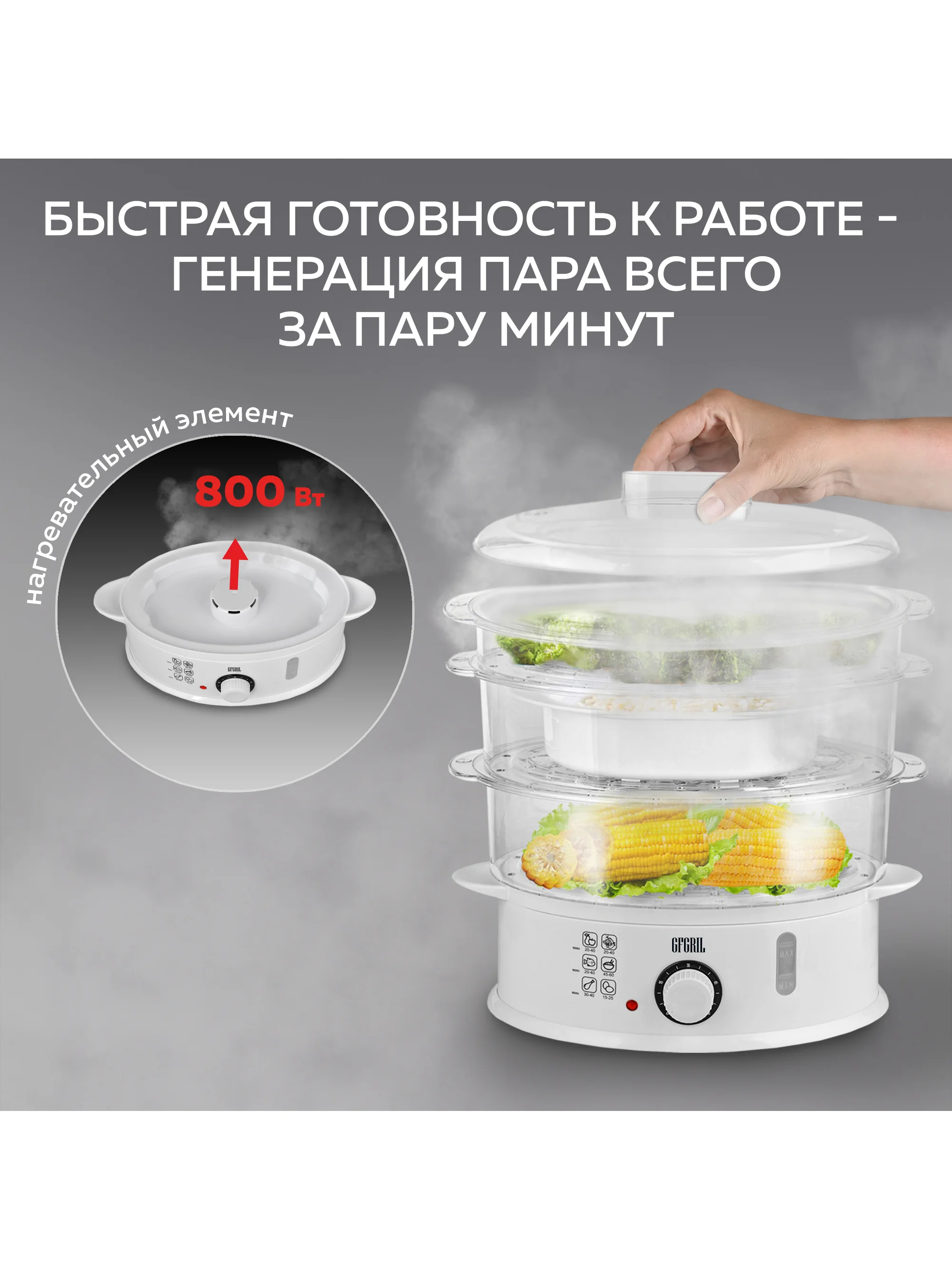 Пароварка GFS-5MPP, 9 л, чаша для риса, 3 уровня, функция долива воды