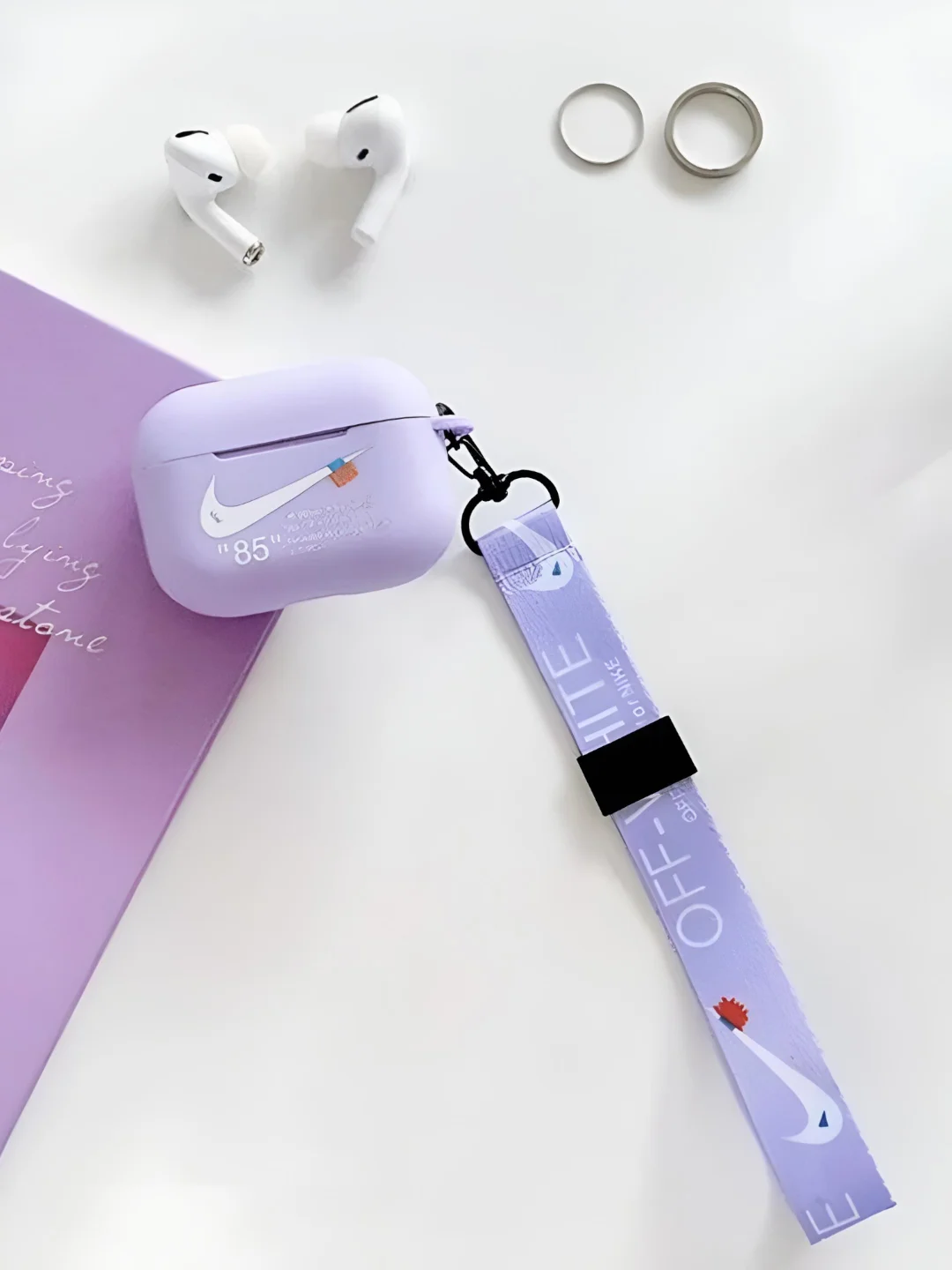 Фиолетовый чехол для наушников Apple AirPods 1 / Pro 2 / 3 силиконовый с принтом Nike sport (найк))