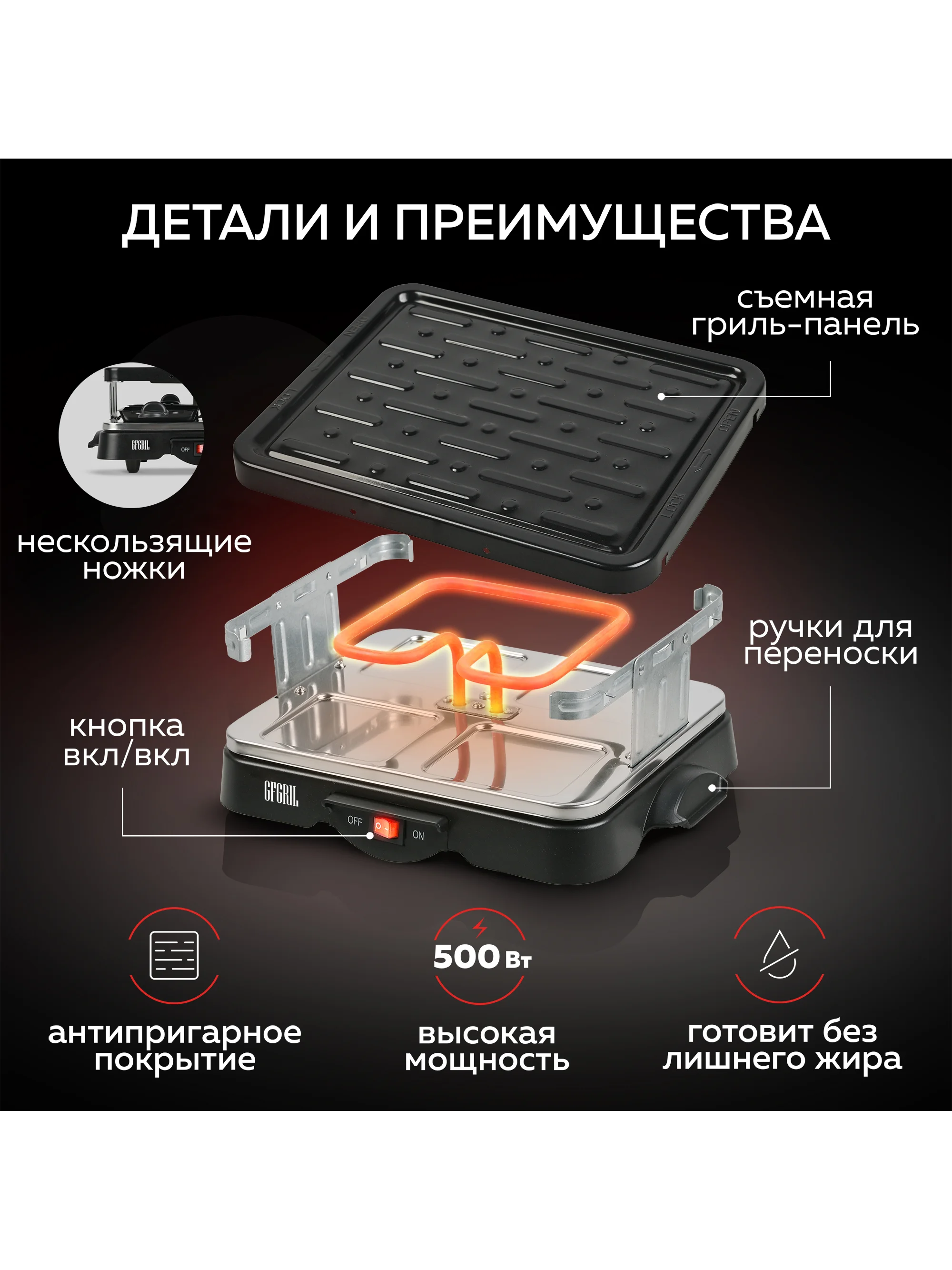 Мини гриль-раклетница 2 в 1 GFGRIL GF-015, многофункциональный