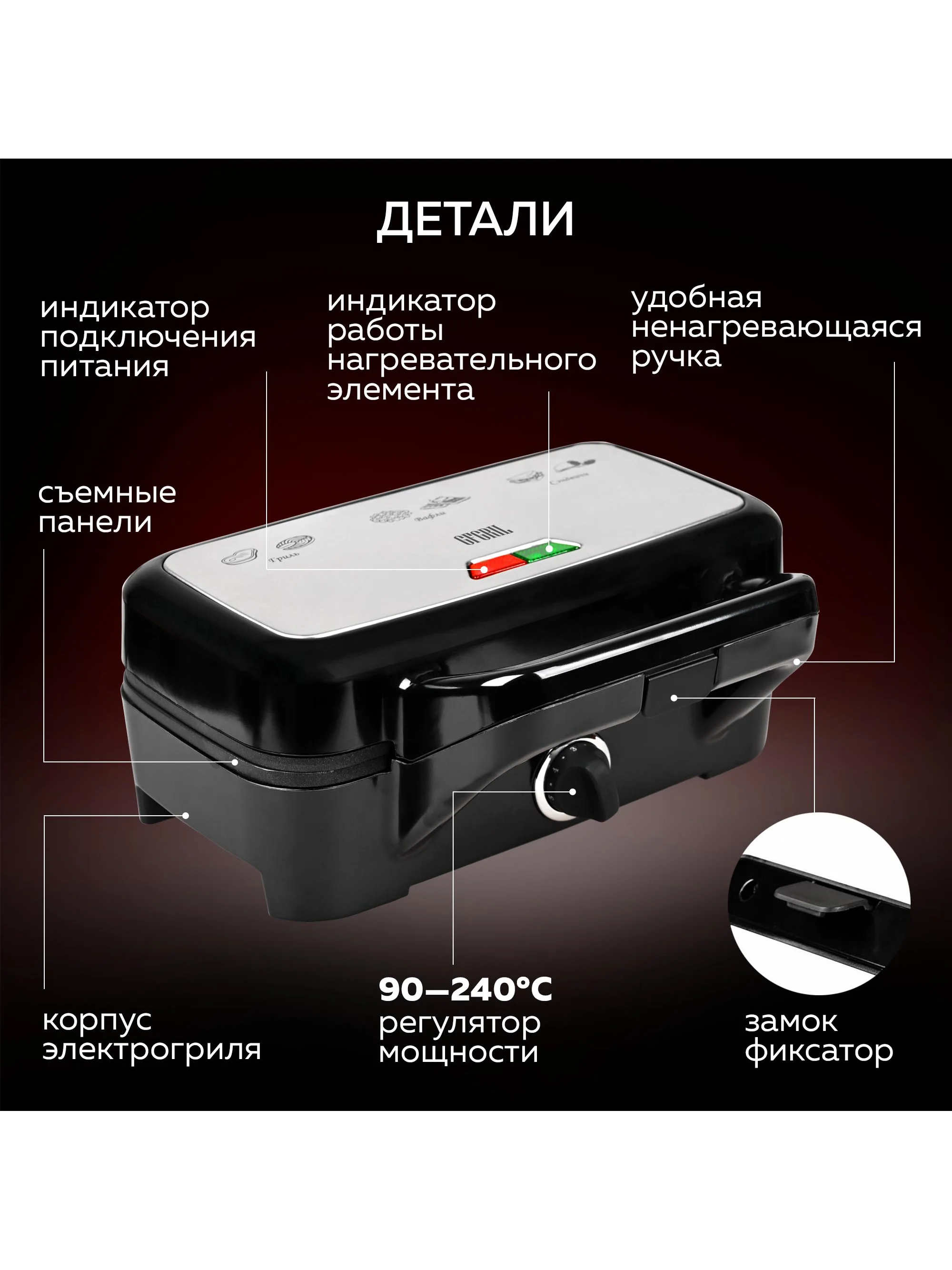 Многофункциональный гриль GFGRIL GF-085 с 3 видами панелей: гриль, вафли, сэндвичи, 1200Вт