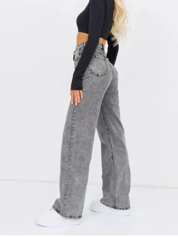 Серебряный женские джинсы широкие wide leg трубы палаццо