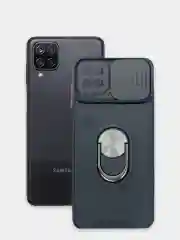 Черный чехол Samsung Galaxy A12, M12, противоударный c металлическим кольцом и защитой камеры