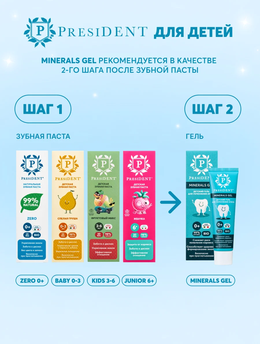 Гель для зубов детский PRESIDENT 0+ Minerals Gel, 32 г