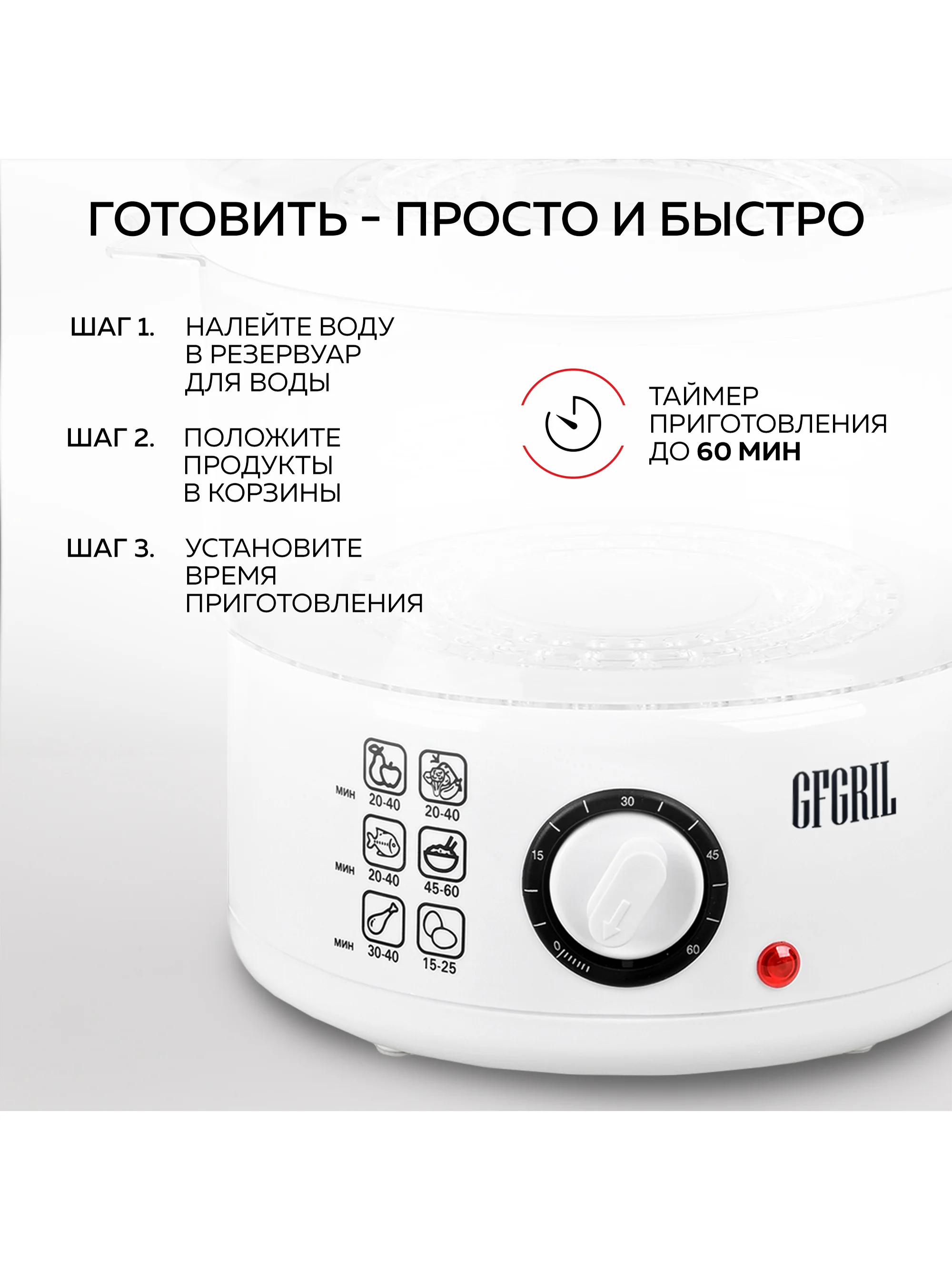Пароварка GFS-2M, 2 уровня, объем 4,8 л, быстрый нагрев, таймер 60 мин, легко мыть