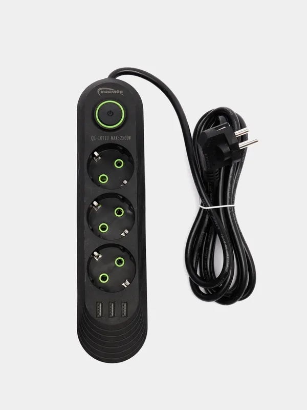 Удлинитель сетевой, фильтр 3 метра, 3 розетки с 3 USB портами и кнопкой